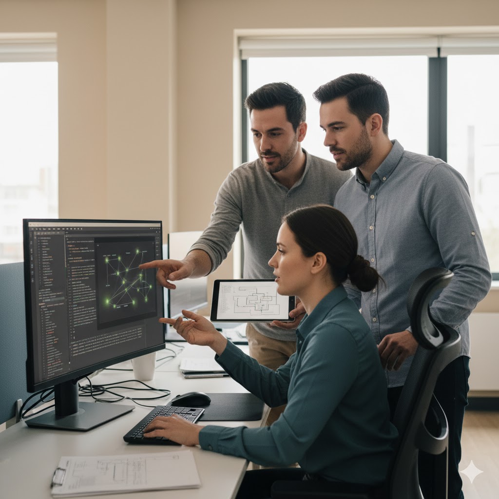 [Imagen de desarrolladores trabajando en código]